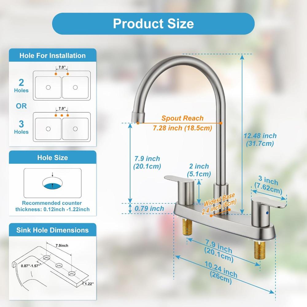 8 Inch Centerset Kitchen Faucet for Sink 3 Hole Dual Handle Kitchen Sink Faucets High Arc 360 Degree Rotating Spout with Supply