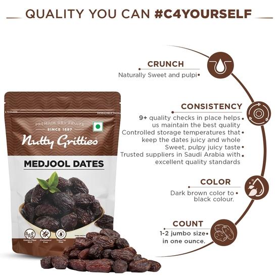 Nutty Gritties Premium Medjoul/Mejdool Date 350g, Khajur | Khajoor | No artificial colours | Naturally Sweet | Instant Energy | Resealable Pouch,