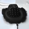 Feathered Trim Western Hat with Rhinestones Studded for Music Festival Cosplay Costume Headwear Carnivals Party Accessory