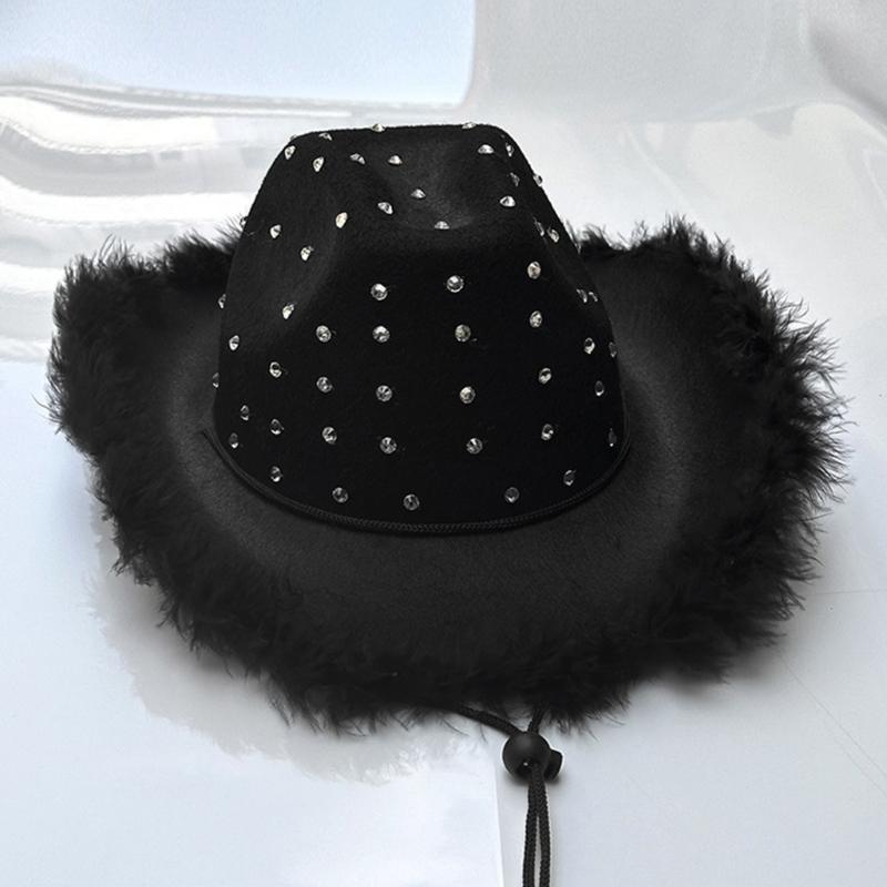 Feathered Trim Western Hat with Rhinestones Studded for Music Festival Cosplay Costume Headwear Carnivals Party Accessory