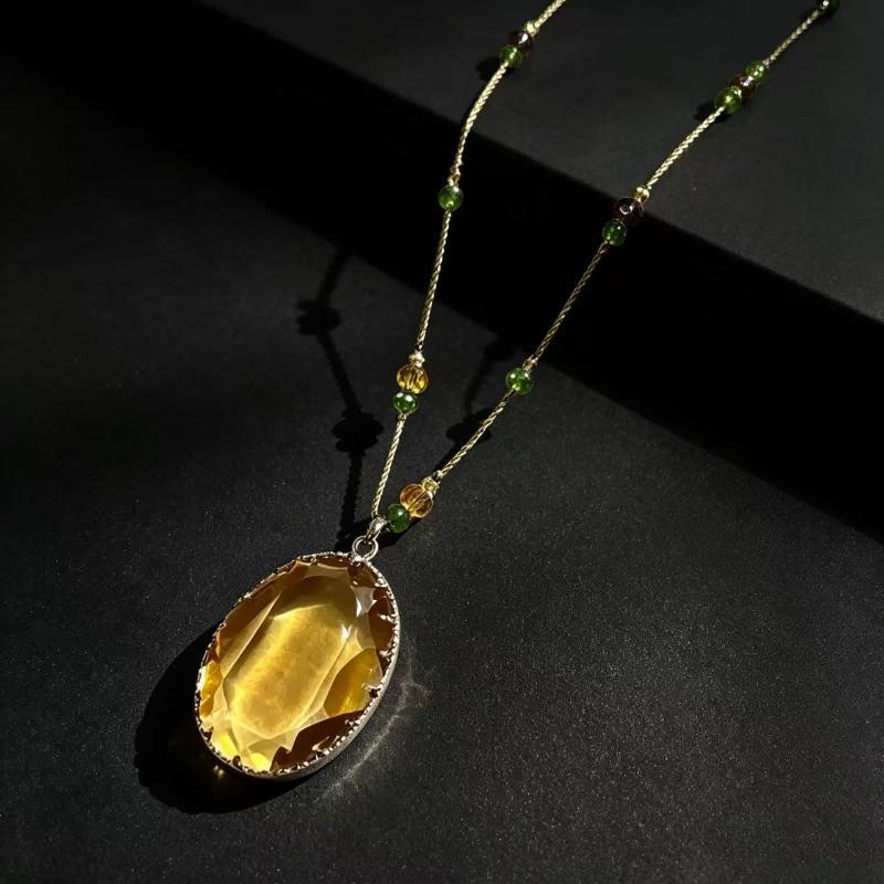 Statement Big Oval Long Pendant Necklace For Women Creative Green Champagne Color Sweater Chain