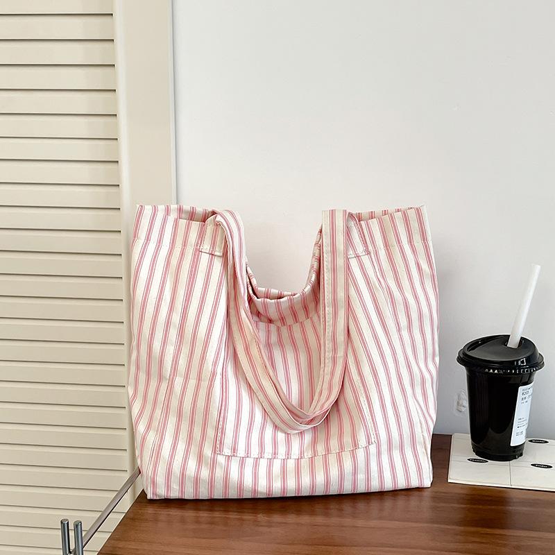 Striped Canvas Bag Women's Large-capacity Summer New Casual Shoulder Bag College Student Class Tote Bag
