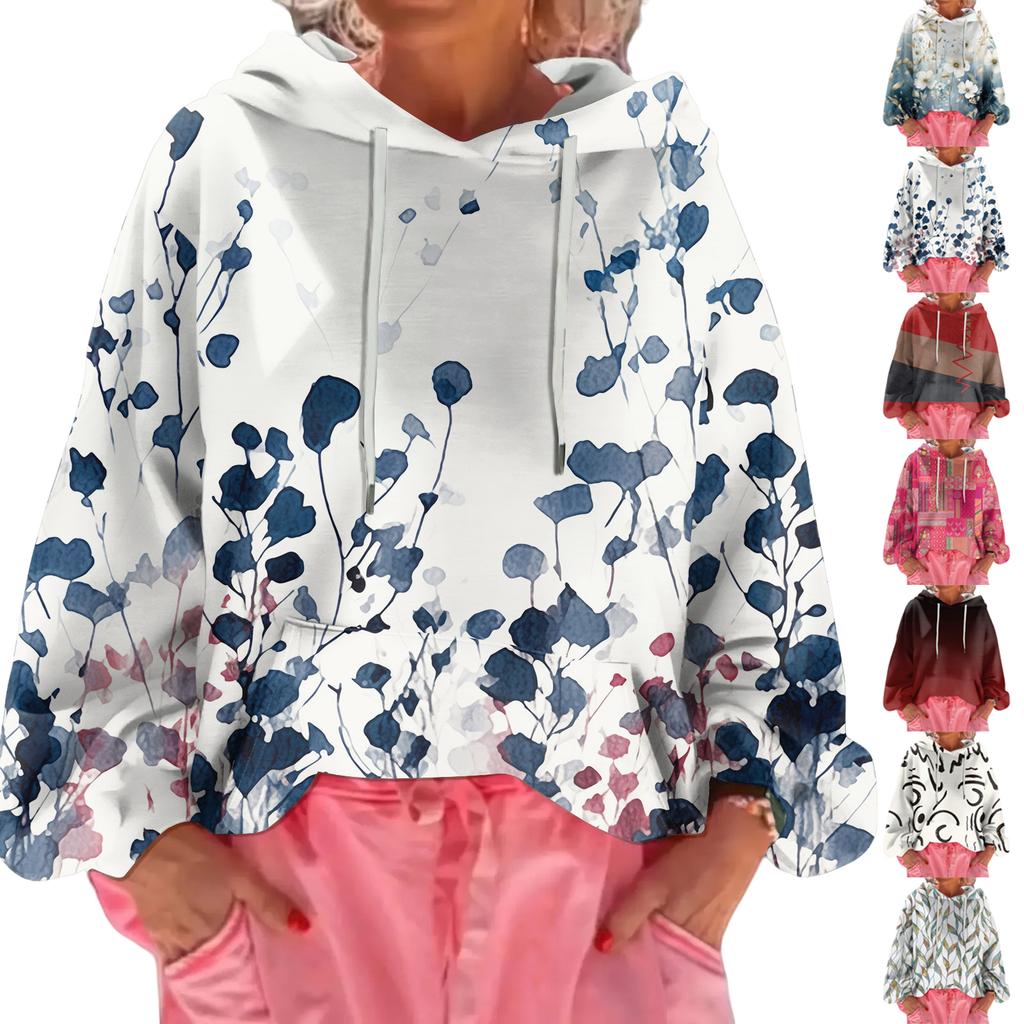 Women's Floral Print Loose Casual Long Sleeved Hooded Sweatshirt