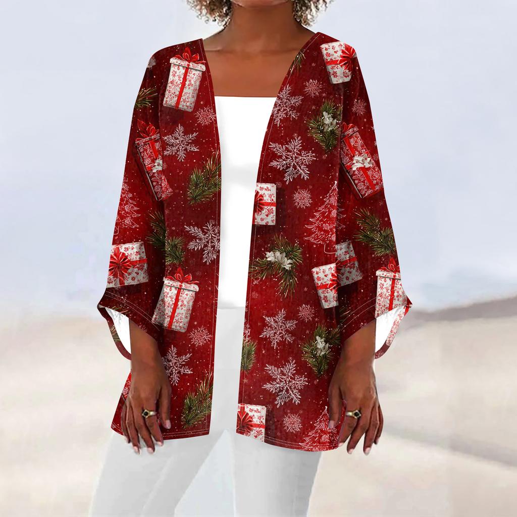 Women's Casual And Fashionable Christmas Printed Lightweight Mid Length Jacket Cardigan