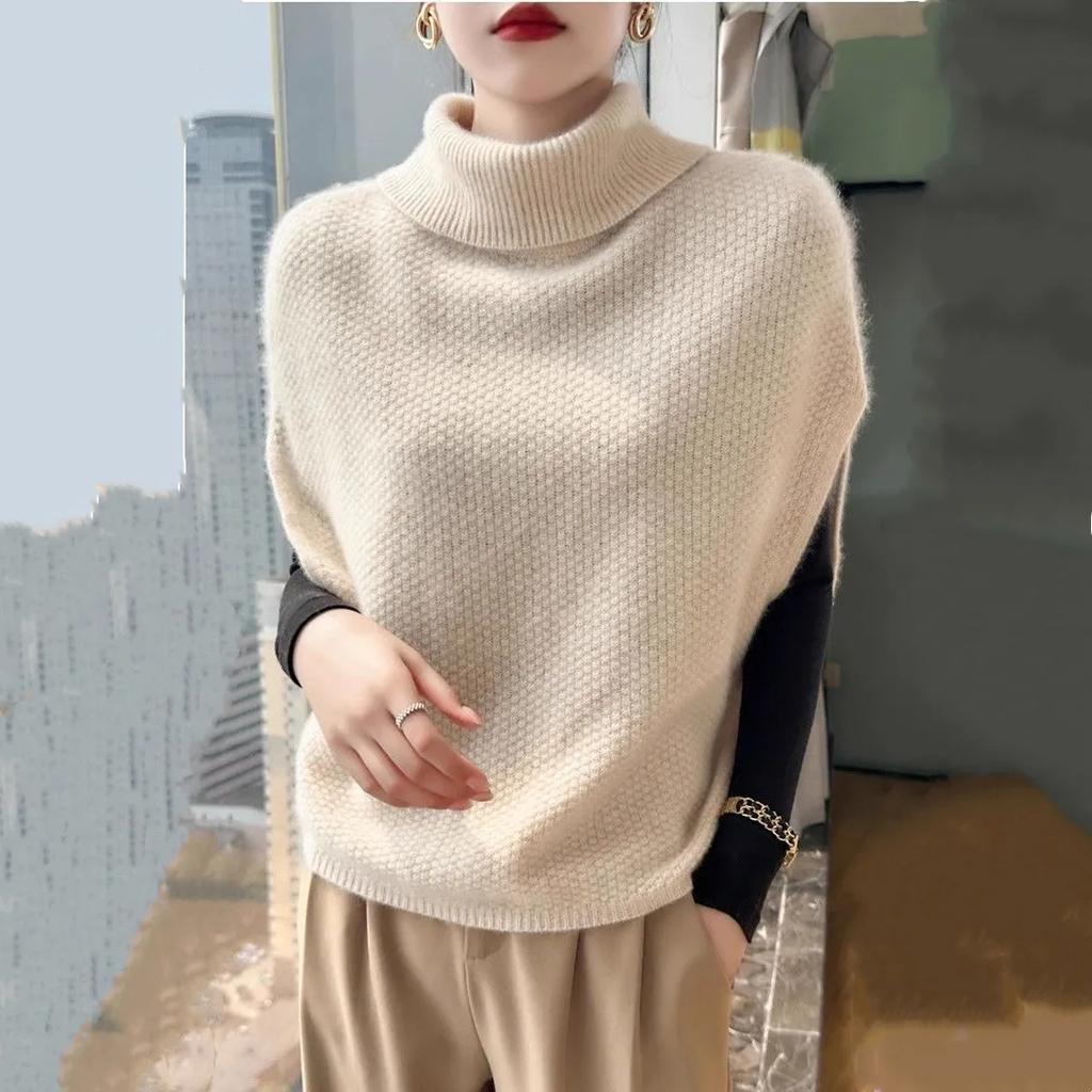 Women's Autumn and Winter Solid Color Short Knit Bat Sleeve Top High Neck Commuter Sweater