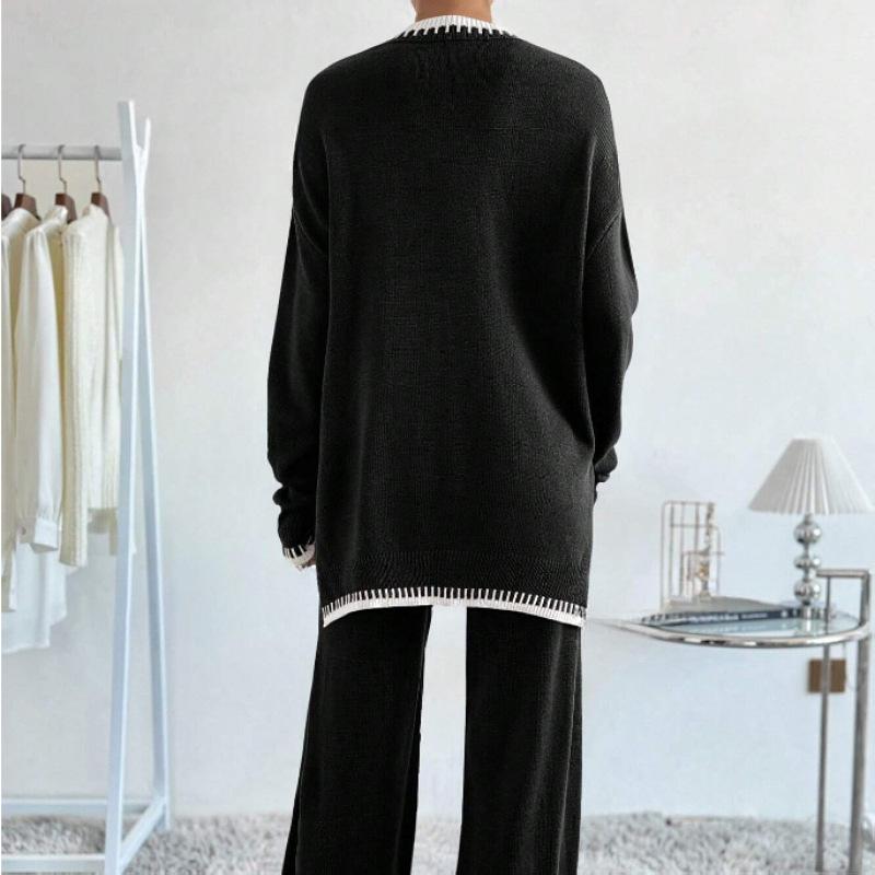1116 Spring New European and American Casual Suit Women's Clothing Contrasting Color Knitted Sweater Trousers Two-piece Set