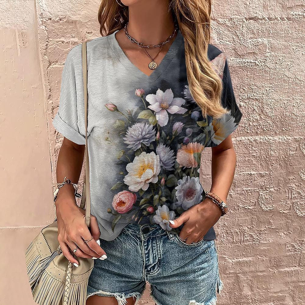 Summer Women's T-shirt Floral Print Casual Short-sleeved 3d T-shirt Fashion Streetwear V-neck Pullover