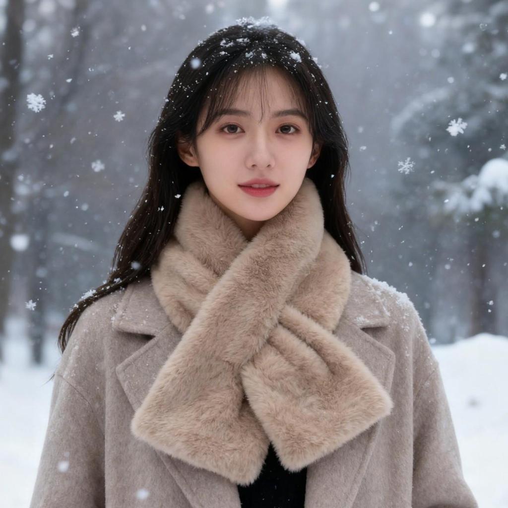 Korean Women's Plush Winter Scarf, High-Grade Pure Color, Thick and Warm Imitation Rabbit Fur Neck Wrap