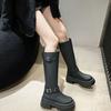 Women's knee high boots for autumn and winter , retro thick soled knight boots, belt buckle, thick heel, slim and tall boots
