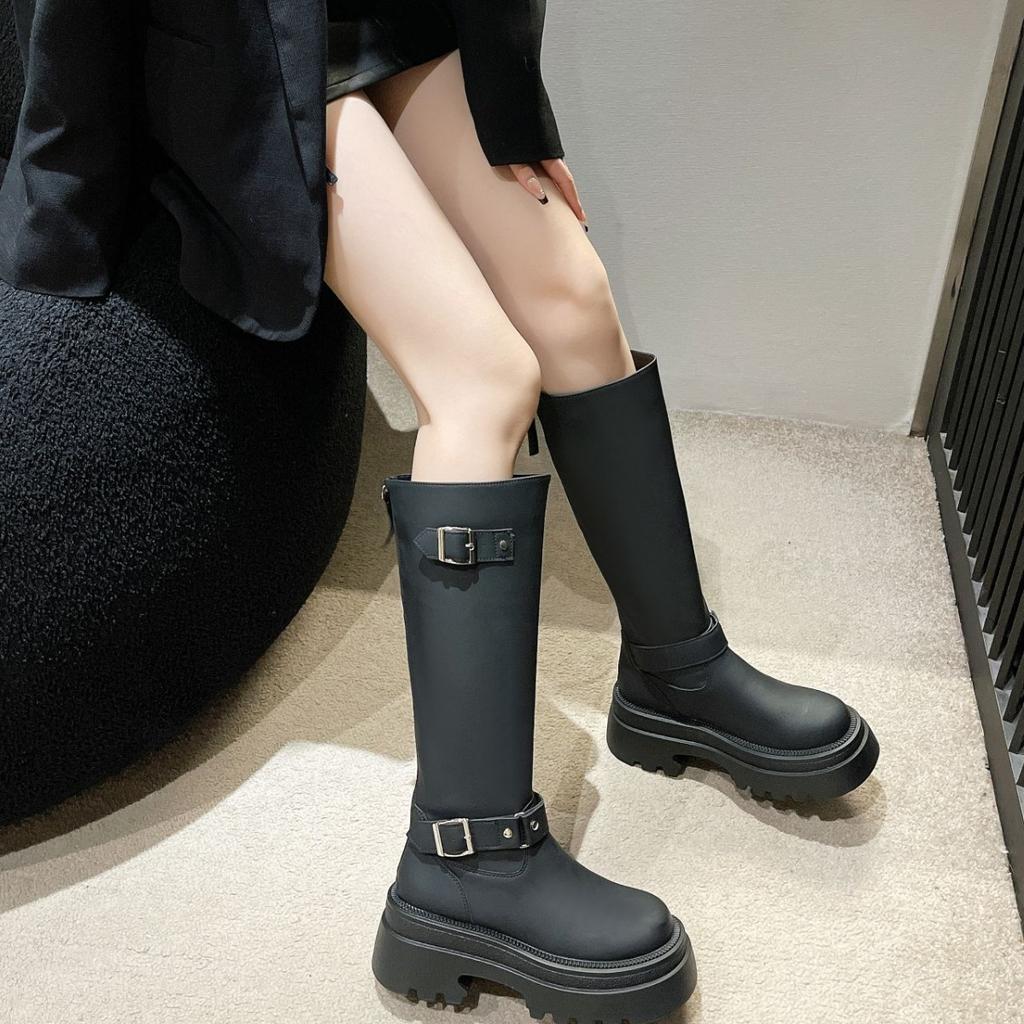 Women's knee high boots for autumn and winter , retro thick soled knight boots, belt buckle, thick heel, slim and tall boots