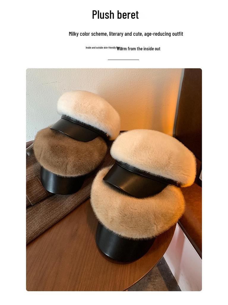 Women's Trendy Plush Fur Beret - Warm Autumn/Winter Eight-Panel Hat, Stylish and Versatile for a Petite Look