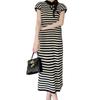 Summer Slimming Striped Knit Dress - Chinese National Style, Short Sleeve, Tummy Covering, H-Line Design, Mid-Length for Women