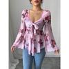 Fashion Square Collar Sweet Flower Printed Women Blouse Blending Tie Long Sleeved Shirt Ladies Loose Irregular Tops Elegant Slim Fit Casual Clothing