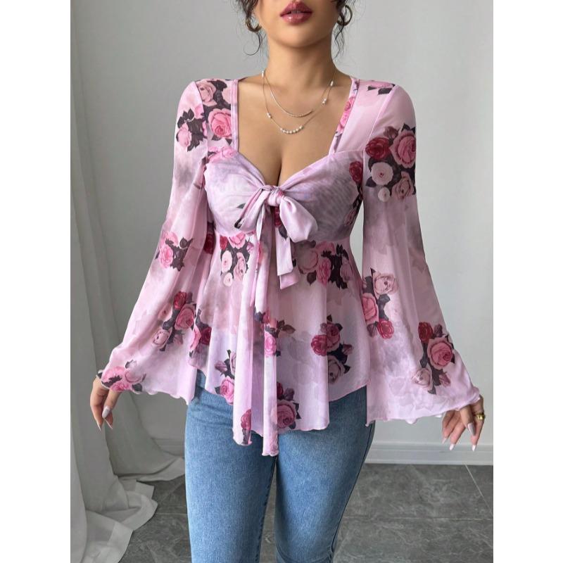 Fashion Square Collar Sweet Flower Printed Women Blouse Blending Tie Long Sleeved Shirt Ladies Loose Irregular Tops Elegant Slim Fit Casual Clothing