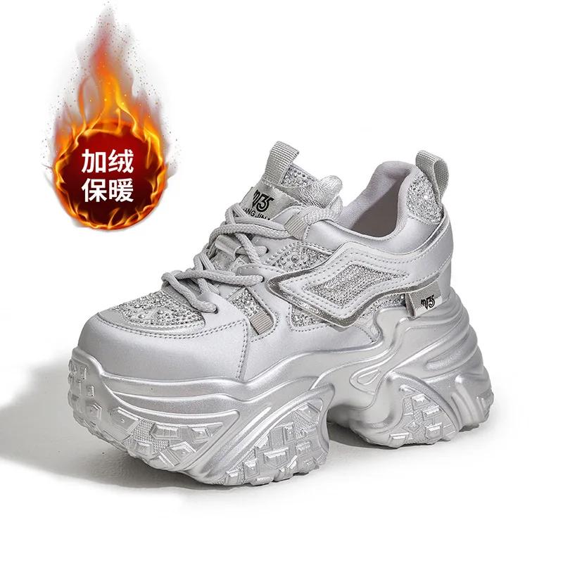 Fashion 10CM Synthetic Genuine Leather Bling Chunky Sneaker Mixed Color Fashion Ankle Boots Women Comfy Autumn Vulcanize Shoes