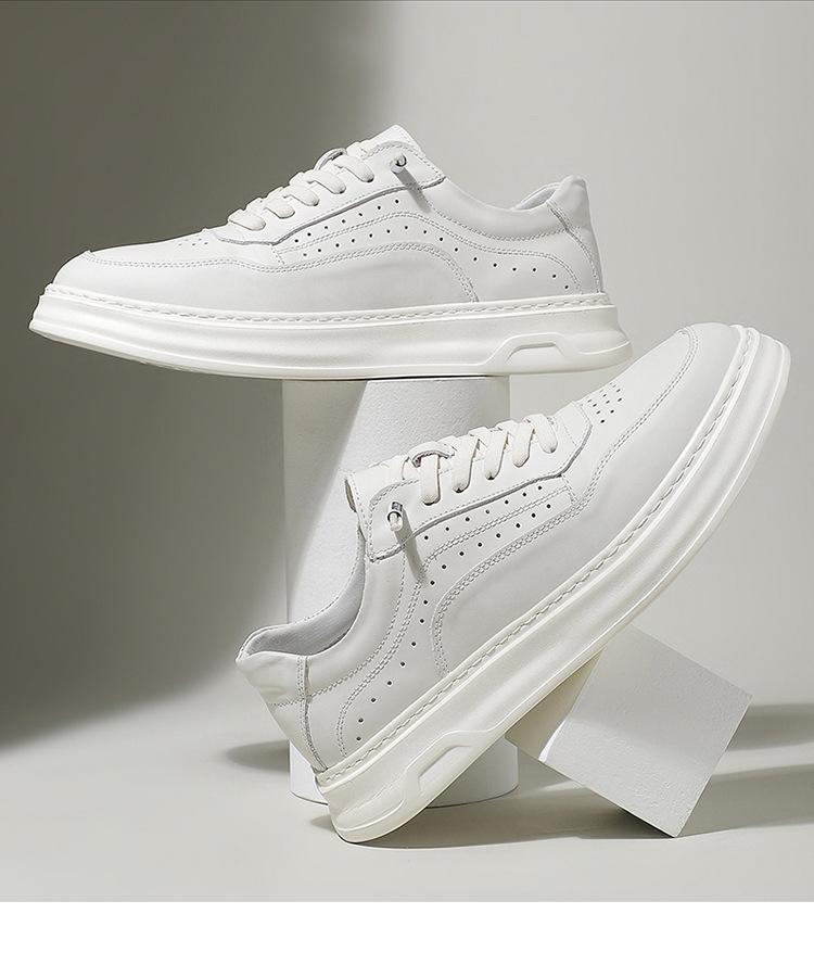 New Shoes for Men Genuine Leather Casual Shoes Thick-soled White Flat Skateboard Shoes Youth Lace-up Sneaker