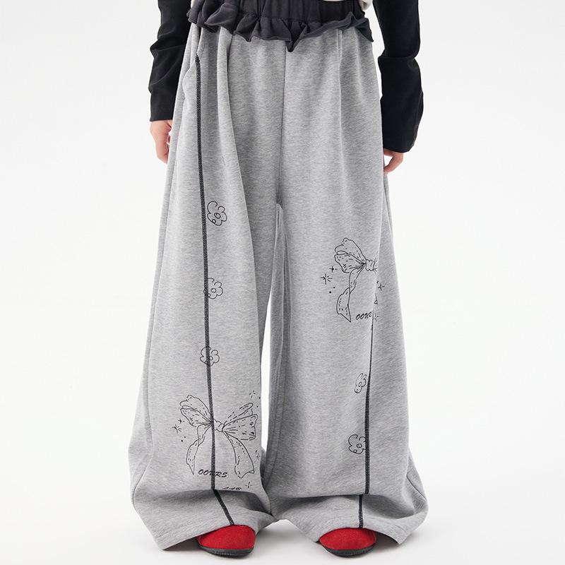 

Осень 2025 Повседневные широкие спортивные штаны для девочек в корейском стиле с контрастным кружевом 140 cm хизер серый
