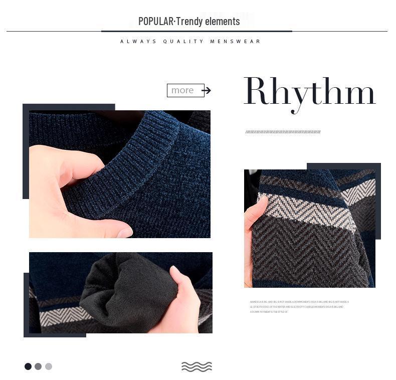 Winter Men's Plus Velvet Striped Round Neck Knit Sweater: Thick, Casual, Fashionable Trend.