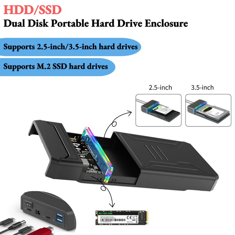 Dual-Bay Inch SATA HDD Enclosure 2280 NVMe SSD Case