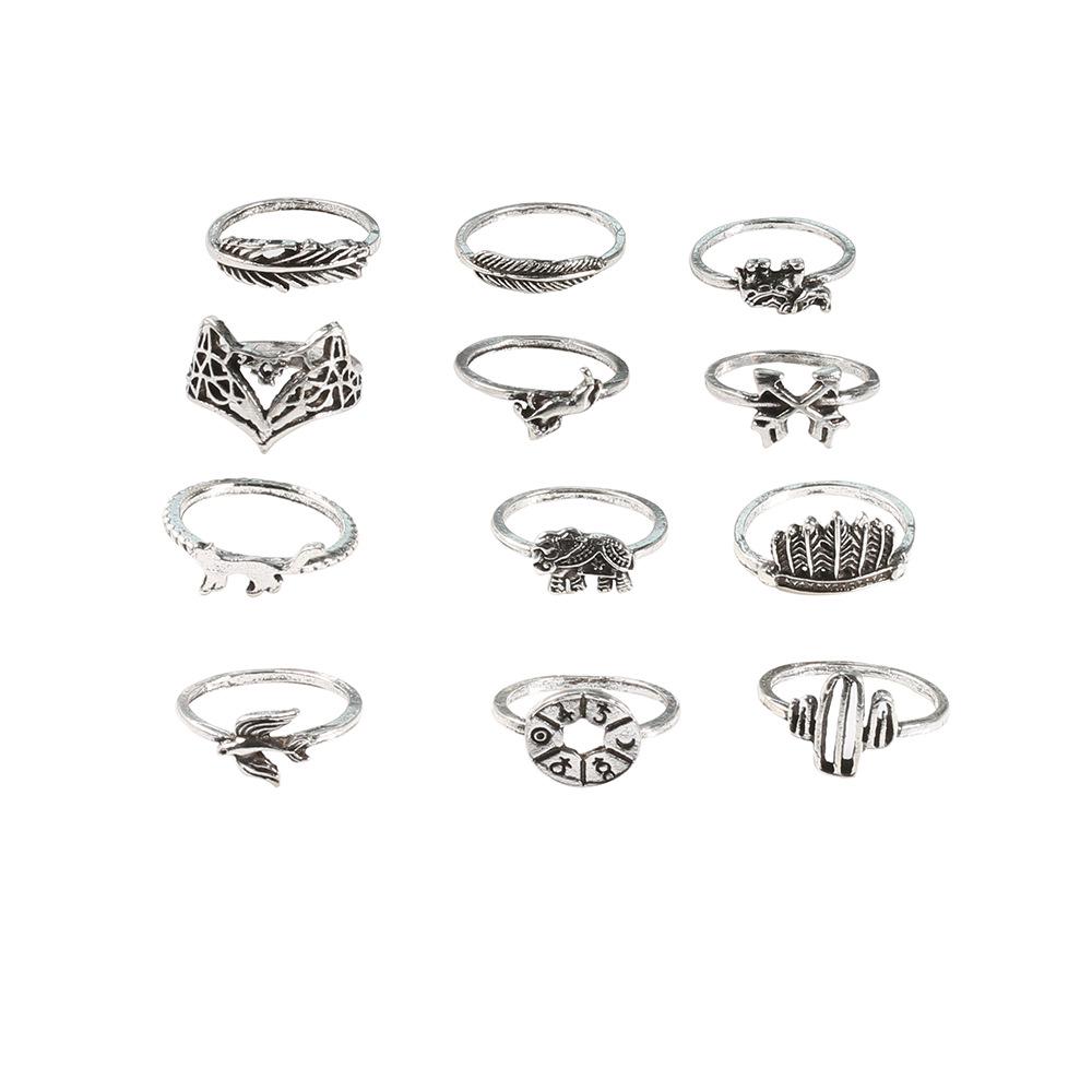 New Retro Alloy Set Leaf Fox Elephant Ring 12-piece Set