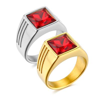 Fashionable Trendy Ring with Red Gemstone, Titanium Steel, Stylish Statement Jewelry