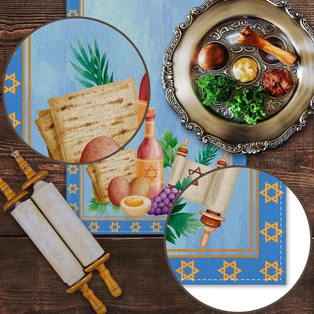 Passover Linen Table Runner Jewish Holiday Party Decor Pesach Seder Matzoh Red Wine Star of David Dining Table Runner Home Decor