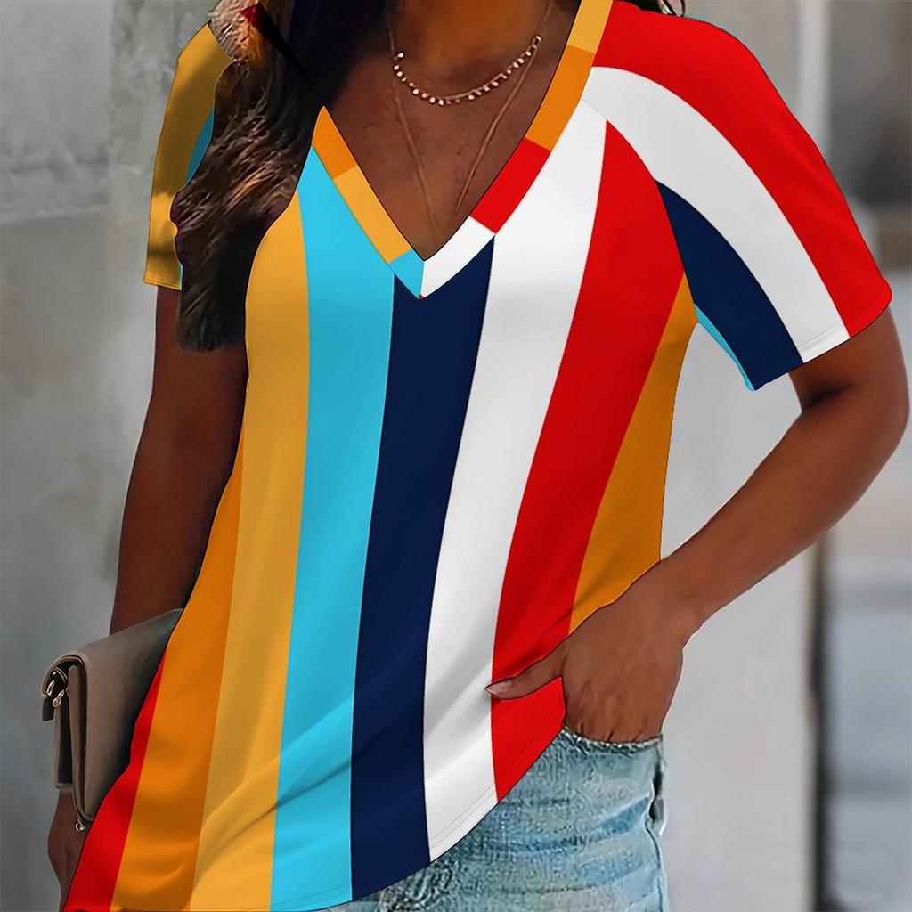 Women Floral Print T Shirt V Neck Short Sleeve Loose Casual Summer Daily Tops