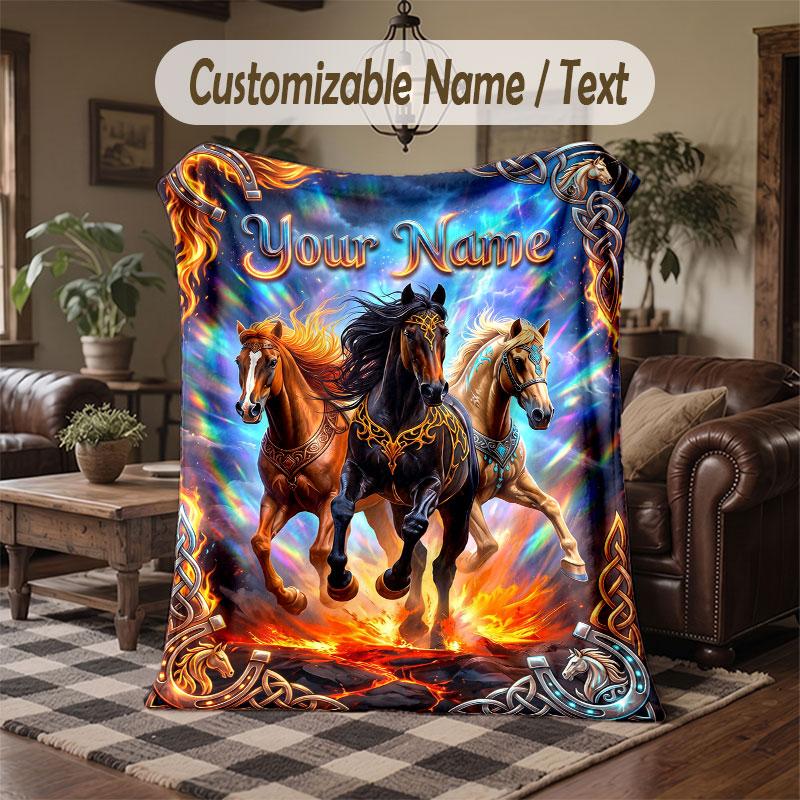 Horse Theme Throw Blanket Custom Name Text Personalized Blanket Soft Cozy Blanket for Home Sofa Bed
