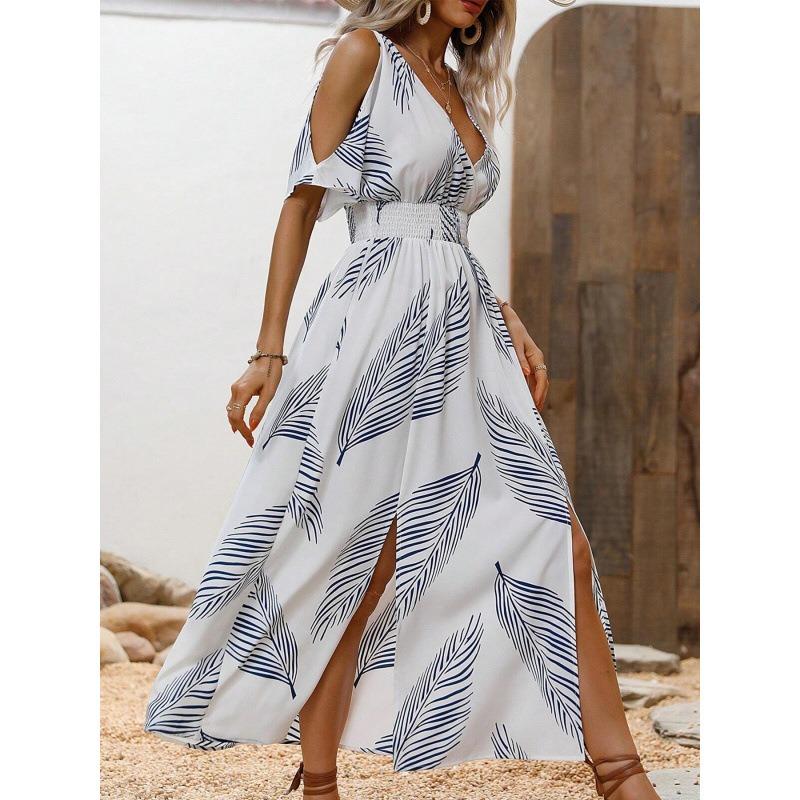 Women Leaf Print Cold Shoulder Maxi Dress With V Neck And Smocked Waist And Slit