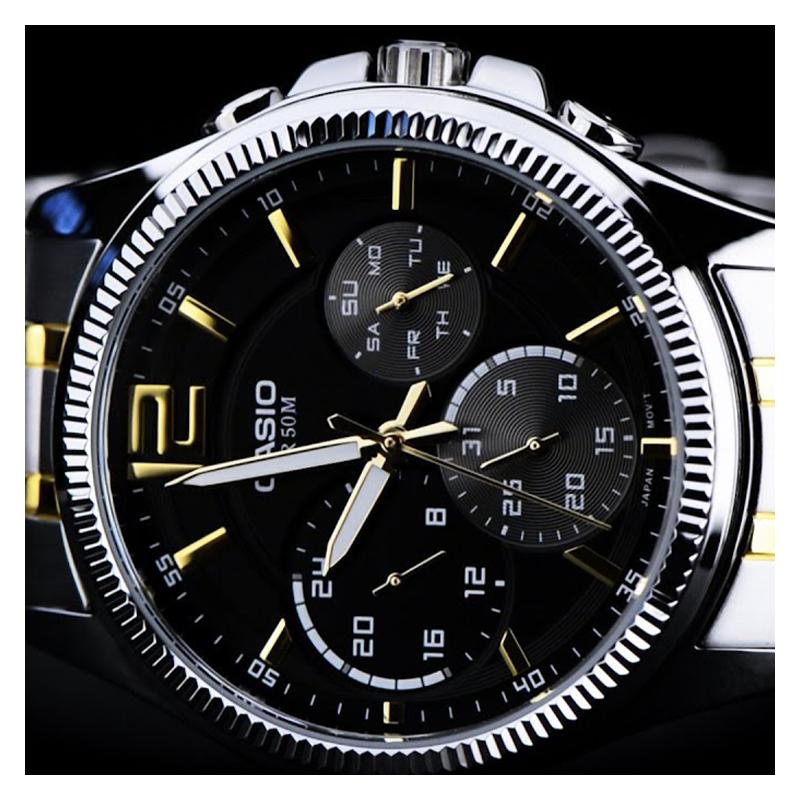 Casio Chronograph Three Eyes Quartz Movement Stainless Steel Strap Japanese and Korean Watch Men's Watch Black Dial MTP-E305SG-1AVDF