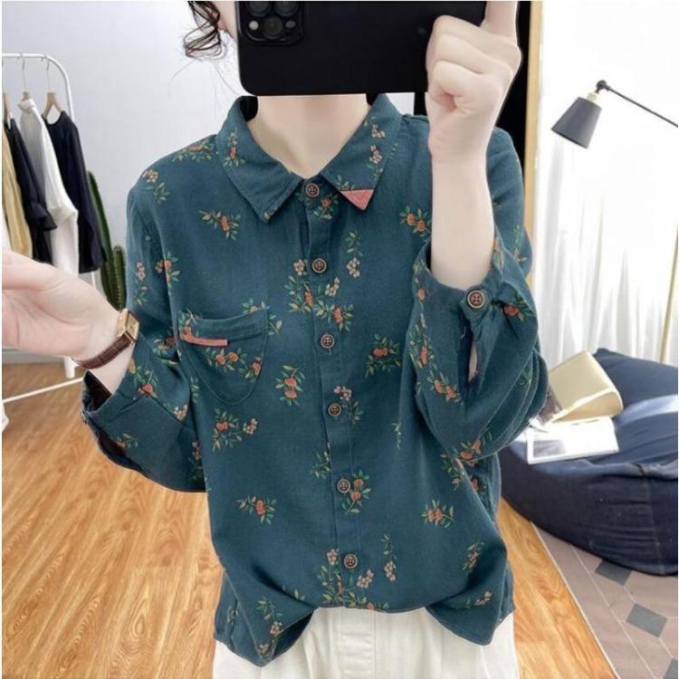 Floral Printed Long Sleeve Top Korean Retro Fashion Women Cotton Linen Autumn Shirt Digital Design Blouse