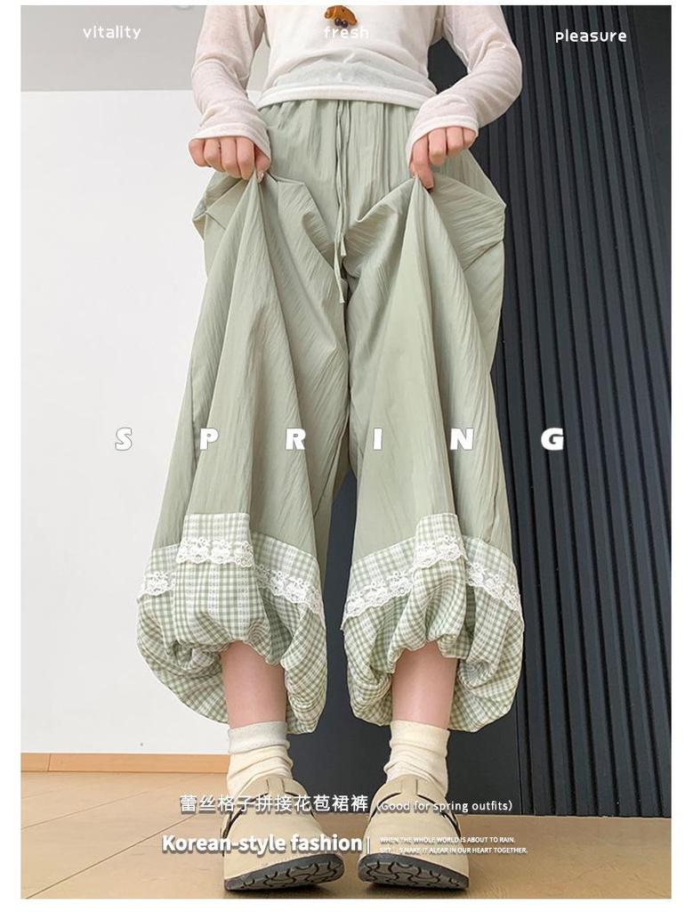 Lace Patchwork Lantern Pants - Spring/Summer Academy Style, Ice Silk, Wide-Leg Skirt Pants, Slimming Bud-Shaped Design.