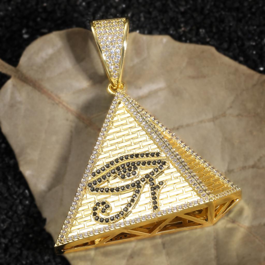 Brass Full CZ Horus Eye Pyramid Pendant Gold Plated Egyptian Symbol Hip Hop Jewelry