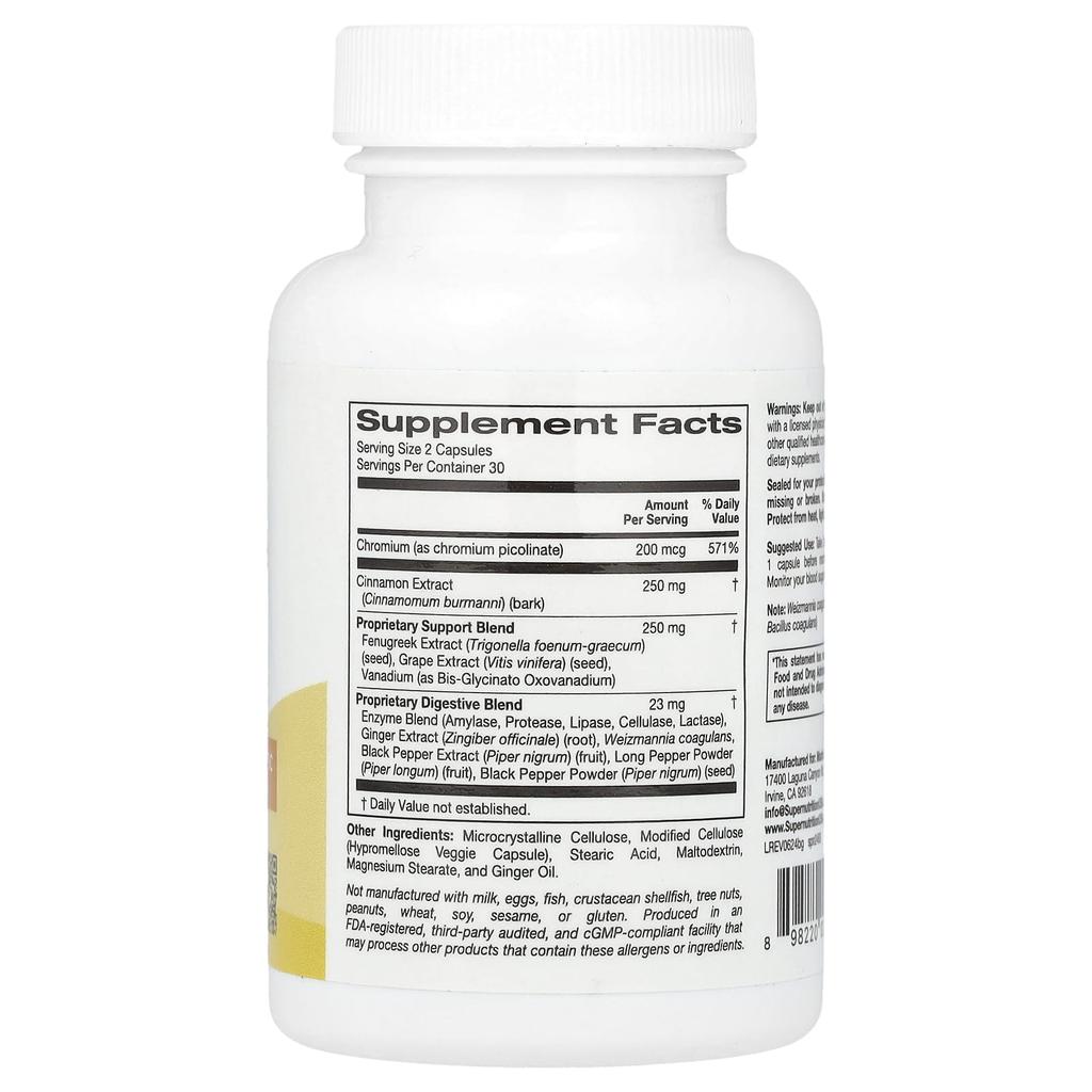 Blood Sugar Supplement, Contains Chromium Picolinate, Cinnamon, Fenugreek, Grape Extract, 60 Veggie Capsules