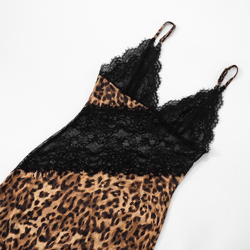 Women's Leopard Print Lace Patchwork Deep V Spaghetti Strap Mermaid Dress