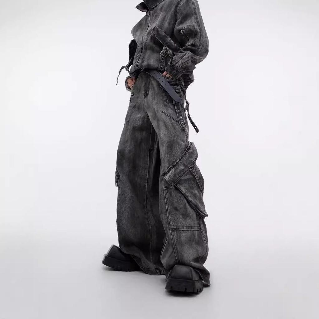 Retro Distressed Denim Jacket with Heavy Zippers & Large Pockets - 2024 Trend