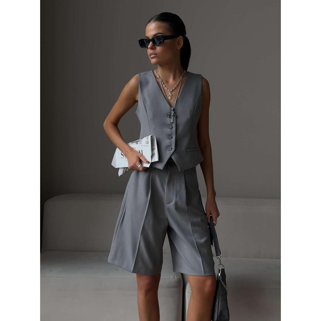 Spring Summer Women's Vest Waistcoat Suit Set V Neck Single Breasted Vest + Straight Suit Shorts Fashion Casual Outfit European American Style