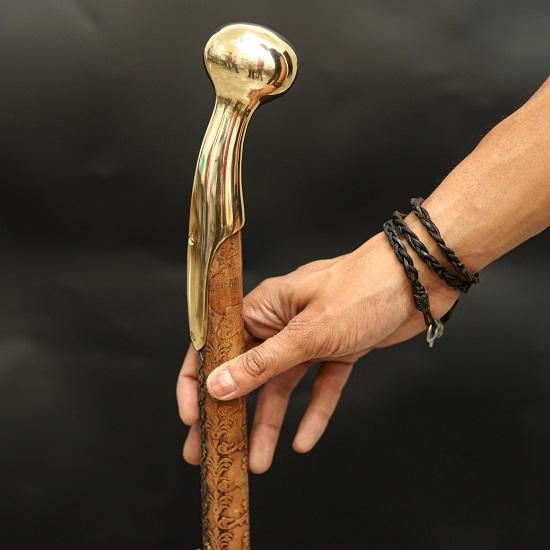 Wooden Walking Cane with Polished Brass Handle Hand-Carved Nautical Floral Design Walking Stick Elegant Cane for Men Collector’s Gift