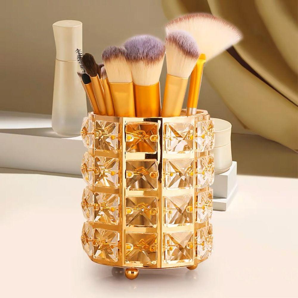 Metal+Crystal Makeup Brush Holder Desktop Organization Desktop Storage Bucket Fashion Pen Holder