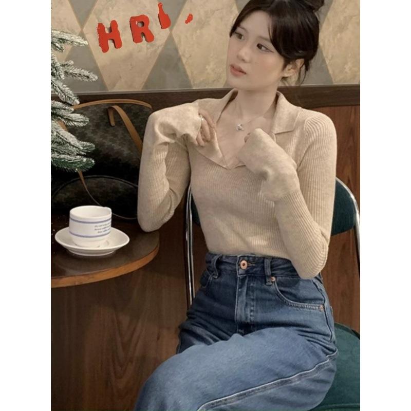Flower Camel Collar Slim Fit Sweet and Spicy Bottoming Shirt Women's Autumn Polo Lapel Pit Strip Top Sweater
