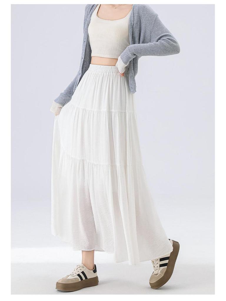 Summer 2025 Pink A-line Midi Skirt with Elastic Waist: Loose Fit, Slimming Design for Casual Wear.