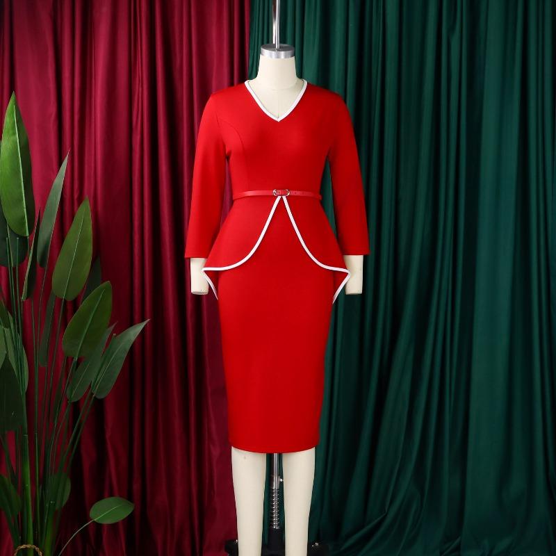 Women Elegant Solid Ruffle High Waist Bodycon Pencil Office Dress