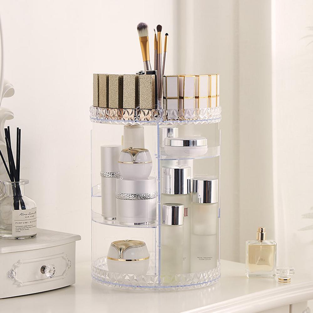 Round Diamond Texture Rotating Makeup Organizer Vanity Transparent PS Cosmetic Storage Rack
