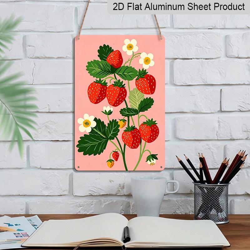 2D Flat, Pink Strawberry Plant Aluminum Sign - Retro Fruit Garden Wall Decor Kitchen Decor, Pantry, Garden Decor, Farmhouse Decor, Cottage Decor