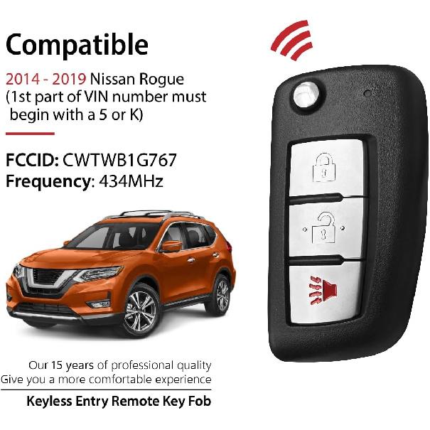 Replacement For 2014 2015 2016 2017 2018  Nissan Rogue Key Fob Remote Control CWTWB1G767 3 Buttons 434MHz