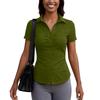 Women's Short Sleeve Button Down Shirt Slim Fit Collared Blouse Office Workwear Casual Top with Ruched Front Design