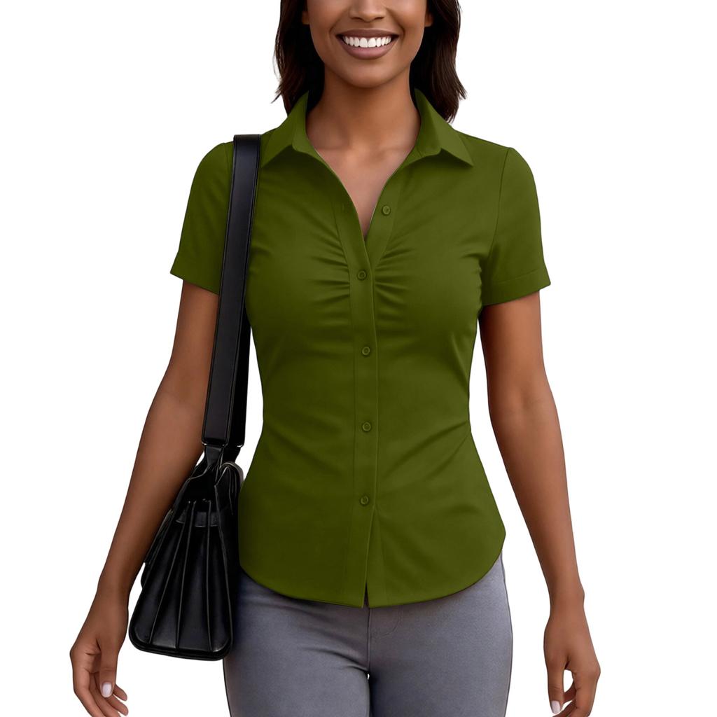 Women's Short Sleeve Button Down Shirt Slim Fit Collared Blouse Office Workwear Casual Top with Ruched Front Design
