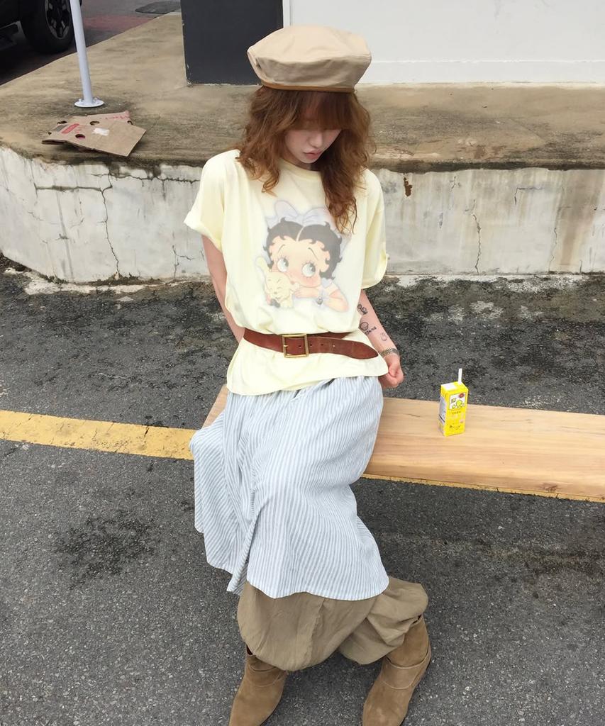 RONRON Betty Boop Ribbon Basic Fit T Shirt Soft Yellow