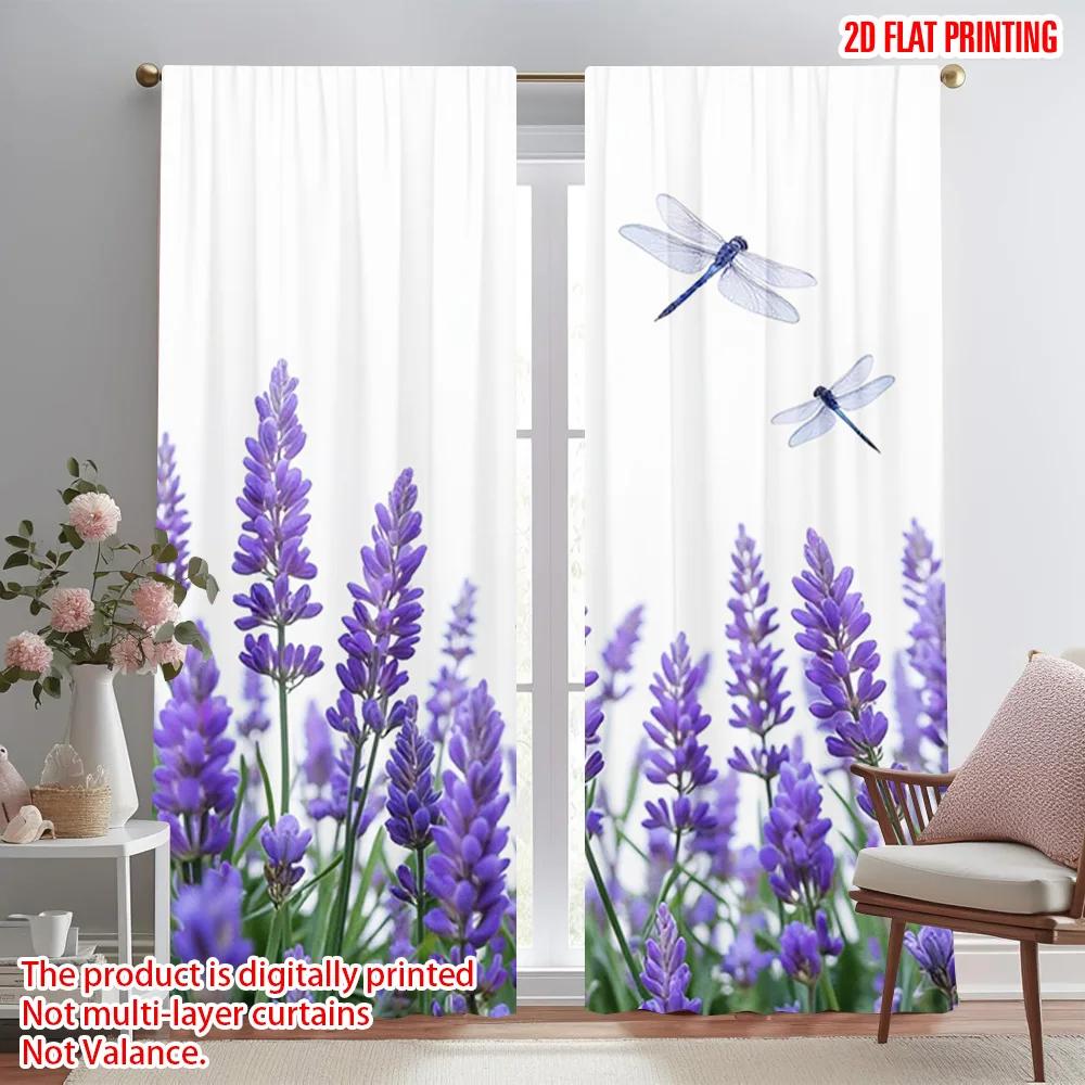2pc  2D plane printing Light Filtering Curtains Lavender and Butterflies Versatile Durable Polyester (without rod) Decorations