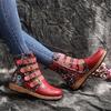 Women Vintage Floral Print Ankle Boots Four Buckle Strap Flat Cork Sole Side Zipper Bohemian Casual Short Boots 
